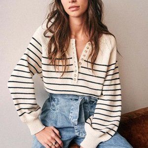 New Cozy Knit French Stripe & Button Sweater Top